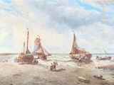 a painting of boats on the beach by the water