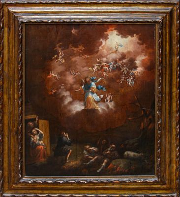 une peinture à l'huile représentant un tableau d'un homme sur un nuage au-dessus d'un groupe de personnes