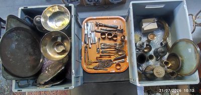 two boxes with different types of kitchen utensils in them