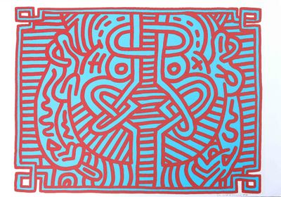 une image représentant une peinture rouge et bleue sur fond blanc