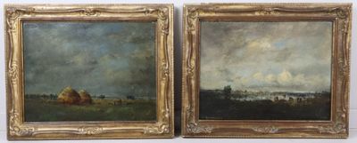 paire de peintures à l'huile du XIXe siècle représentant un paysage au bord d'une rivière