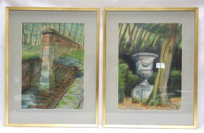 painting of two framed pictures of a stone structure and a stream in a wooded area