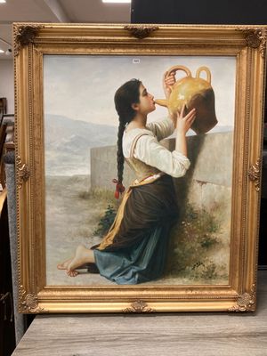 un tableau représentant une femme tenant un vase posé sur une table