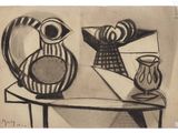 dessin de deux vases sur une table avec un miroir en arrière-plan