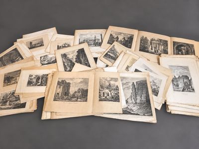 several old black and white photos of a bunch of books