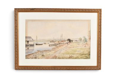 tableau représentant une vue d'une rivière avec des bateaux sur l'eau