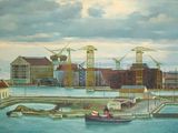 un tableau représentant une scène de port avec un bateau sur l'eau