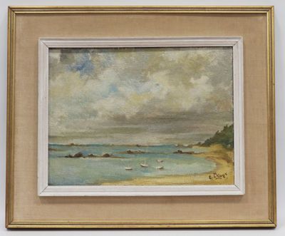 une image représentant une peinture d'une scène de plage avec des bateaux dans l'eau
