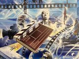 an image of a painting of a movie scene with film reels