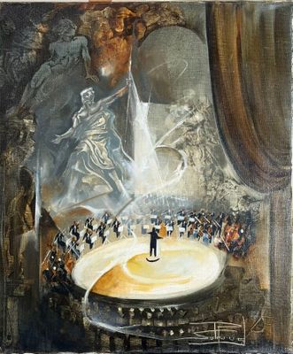 an image of a painting of a man standing on a stage in front of a crowd