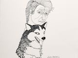 un dessin à l'encre représentant un homme et un chien sur une table
