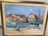 tableau représentant une vue d'une ville avec un pont enjambant un plan d'eau