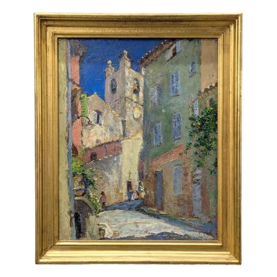 une image représentant un tableau représentant une scène de rue avec des bâtiments