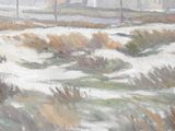 a painting of a snow covered field with power lines in the background