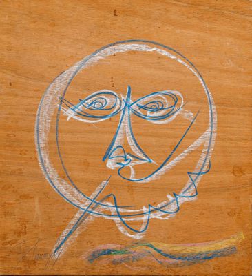 dessin représentant le visage d'un homme sur un morceau de bois, une cigarette à la bouche