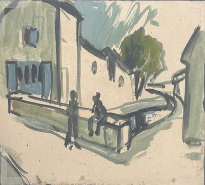 an image of a painting of a street scene with people sitting on a bench