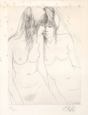 dessin représentant une femme portant un voile sur la tête et un homme à l'arrière-plan