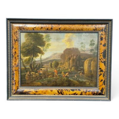 une peinture à l'huile représentant un paysage avec du bétail et des personnages au premier plan