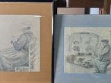 two framed drawings of people sitting on a bench