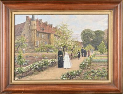 tableau représentant un couple se promenant dans un jardin, avec un château en arrière-plan