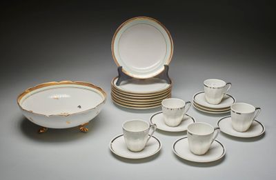 les nombreuses tasses et soucoupes qui se trouvent sur la table