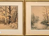 three framed paintings of trees and a stream in a wooded area
