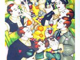 painting of a group of people sitting around a table eating and drinking