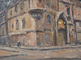 a painting of a building with a clock on it