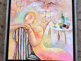 tableau représentant une femme assise sur une chaise devant une table sur laquelle se trouve une bouteille de vin