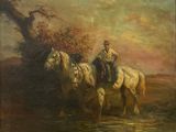 painting of two men riding horses in a field near a tree