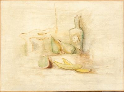 dessin représentant une nature morte avec une bouteille, un vase et une banane