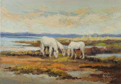 Pierre MONTAGNIER (XXe). Chevaux aux marais. Huile sur toile…