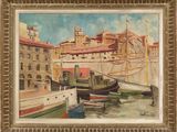 an image of a painting of boats in a harbor with buildings in the background