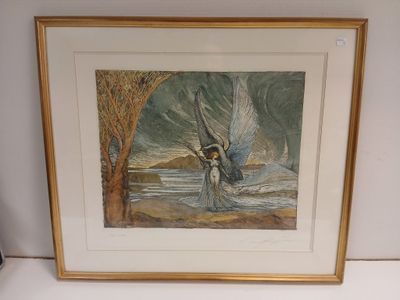 painting of a woman with wings in a gold frame on a white surface