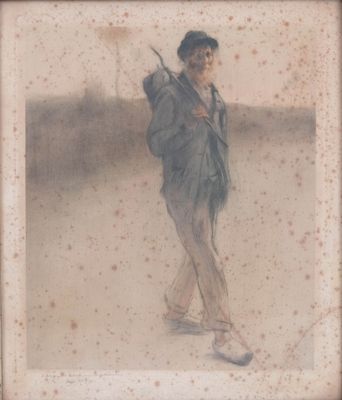 tableau représentant un homme marchant, un parapluie à la main