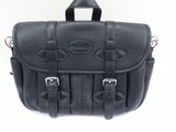 a black leather bag with two buckles on it