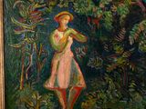 a painting of a woman standing in the woods