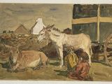 a painting of a donkey standing next to a man and a woman