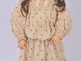 a close up of a doll wearing a dress and hat
