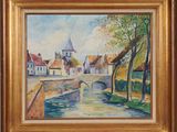 an oil painting of a village with a river and a bridge
