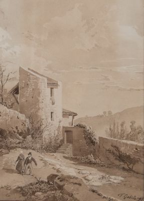 tableau représentant un homme et une femme assis sur un chemin de terre devant un bâtiment