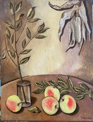 une peinture représentant des pêches et un vase posés sur une table