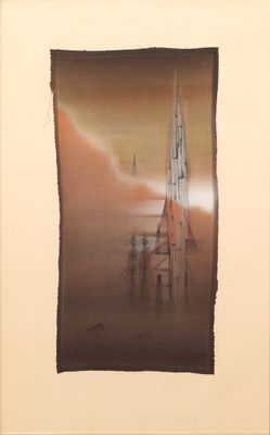 une image représentant une peinture d'une église au milieu d'un ciel brumeux