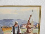 a painting of a man sitting on a bench in a field