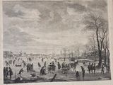 a drawing of a group of people skating on a frozen lake