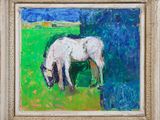 an oil painting of a white horse grazing in a green field