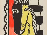 painting of a horse with a crown on its head in front of a red and black background