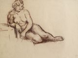 dessin représentant une femme nue assise sur une chaise, les jambes croisées