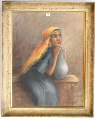 an oil painting of a woman in a blue dress holding a white vase