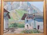 an oil painting of a village with a church and a mountain in the background